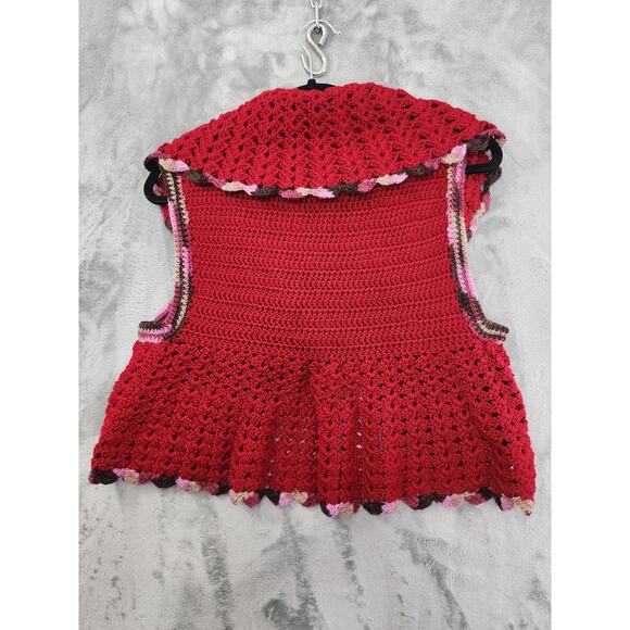 Vintage Homemade Crochet Knit Crop Circle Vest Size M Red Pink Brown Tan Button - Picture 3 of 6